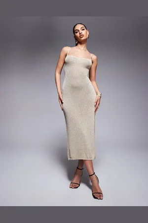 Missyempire Missy Empire – Strick-Midikleid in Gold-Metalic mit Schnürung und seitlichem Schlitz