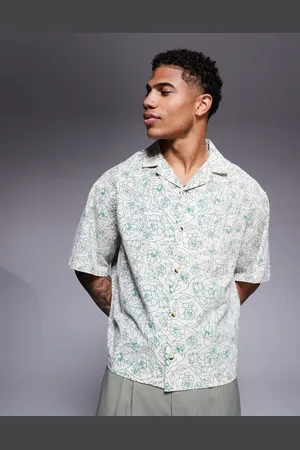 ASOS – Boxy Fit Oversize-Hemd in Stein mit Blumenprint, Leinen-Optik und Reverskragen