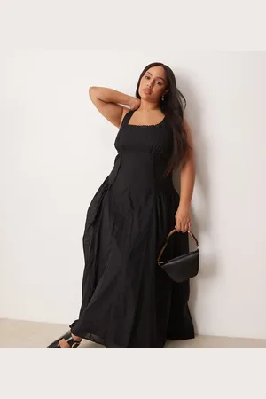 ASOS ASOS DESIGN Curve – Schwarzes Prärie-Maxikleid mit eckigem Ausschnitt und tief angesetzter Taille
