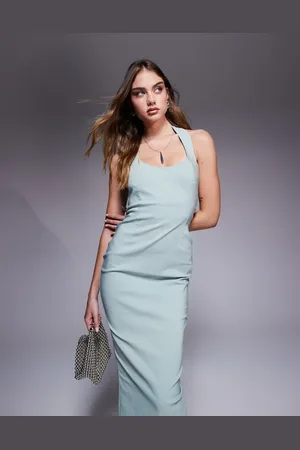 Vesper – Figurbetontes Midaxi-Kleid in Salbeigrün mit U-Ausschnitt und Neckholder