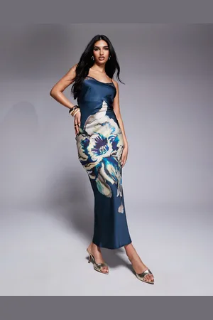 ASOS – Maxikleid aus Satin mit großflächigem Blumenprint, Spitzeneinsatz und Schnürung am Rücken