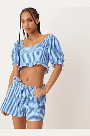 ASOS – Knappe Shorts mit hellblauem Vichy-Karomuster, Kombiteil