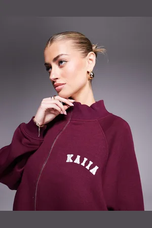 Kaiia – Oversize-Bomberjacke aus Sweatstoff in Burgunderrot mit kontrastierendem Logo und durchgängigem Reißverschluss, Kombiteil
