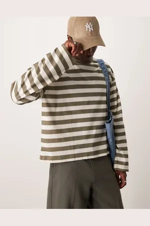 ASOS – Langärmliges, gestreiftes Oversize-Shirt in Khaki und Weiß mit kastigem Schnitt