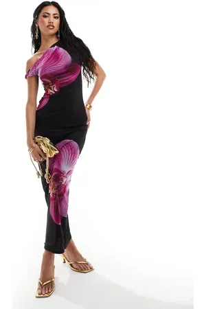 Kaiia – Exklusives, figurbetontes Maxikleid in Schwarz mit lila Blumenmuster, One-Shoulder-Träger und Netzstoff-Overlay