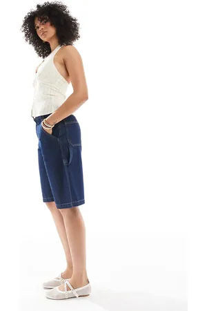 Pull&Bear – Carpenter-Jeans-Jorts in Dunkelblau mit Longline-Schnitt