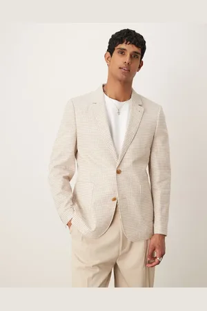 ASOS – Schmal geschnittener Blazer aus Leinenmix mit Vichykaros in Steinbeige
