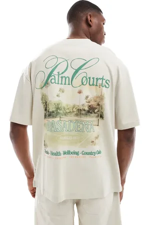 Only & Sons – Oversize-T-Shirt in Beige mit „Courts“-Print hinten