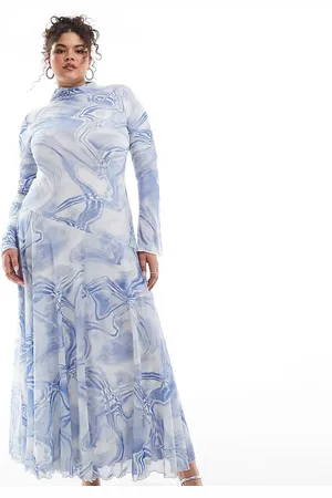ASOS ASOS DESIGN Curve – Hochgeschlossenes, langärmliges Netzstoff-Maxikleid mit A-Linien-Schnitt und abstraktem Muster in Blau