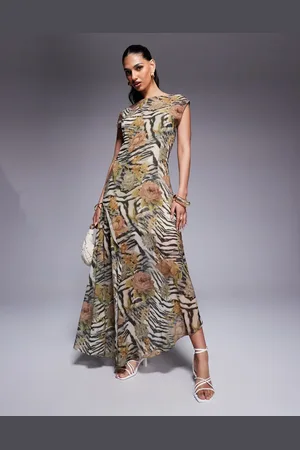 ASOS – Tailliertes Maxikleid mit Blumenmuster, Animal-Print und U-Boot-Ausschnitt