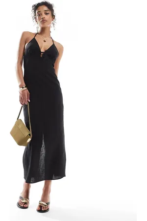Bershka – Neckholder-Maxikleid aus Leinen in Schwarz