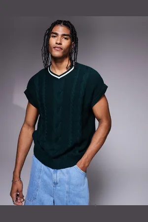 ASOS – Kastiges, gestricktes Oversize-Tanktop in Dunkelgrün mit farblich abgesetzten Zierstreifen