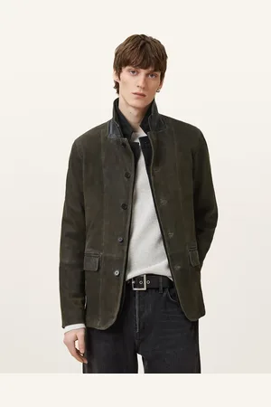AllSaints – Survey – Blazer aus Leder in dunklem Olivgrün