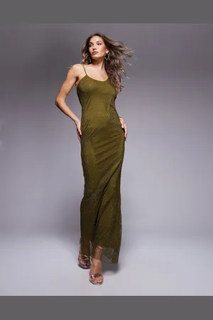 ASOS – Asymmetrisch geschnittenes Maxikleid aus grobem Mesh in Olivgrün mit Strassbesatz