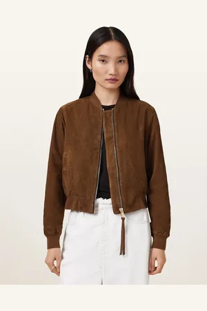 AllSaints – Orten – Bomberjacke aus Wildleder in Cognac