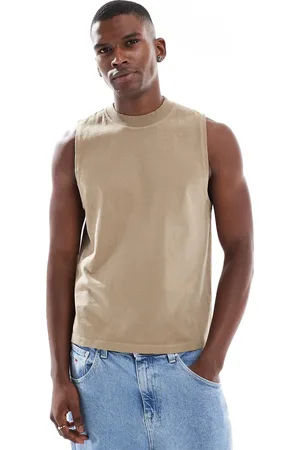 ASOS – Schweres, gewaschenes Boxy-Fit-Tanktop in Stein mit Rundhalsausschnitt, 280 g/m²
