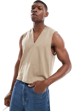 ASOS – Tanktop aus Leinen-Mix in Steinbeige mit V-Ausschnitt