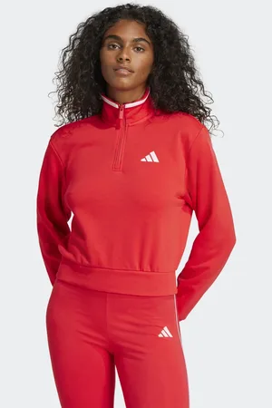 adidas – Essentials – Color Pop – Cropped-Trainingsjacke aus French Terry in Pure Ruby mit kurzem Reißverschluss