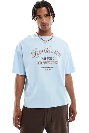 Pull&Bear – T-Shirt in Hellblau mit „Synthesizer“-Print auf dem Rücken