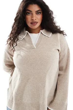 VILA – Pullover in Beige mit V-Ausschnitt, offenem Kragen und Kontrastnaht