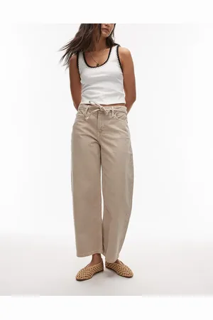 MANGO – Kika – Ballon-Jeans in Beige mit mittelhohem Bund und Bindegürtel