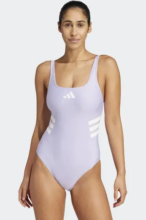 adidas – Badeanzug in Violet Tone / Warm Vanilla mit den 3 Streifen und U-Rückenausschnitt
