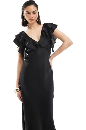 New Look – Midikleid aus Satin in mit Rüschenärmeln