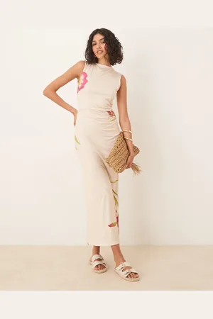 ASOS – Ärmelloses Midikleid in Creme mit Placement-Blumenmotiv und Rückenausschnitt