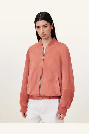 AllSaints – Dana – Bomberjacke aus Wildleder in gebranntem Ziegelrot