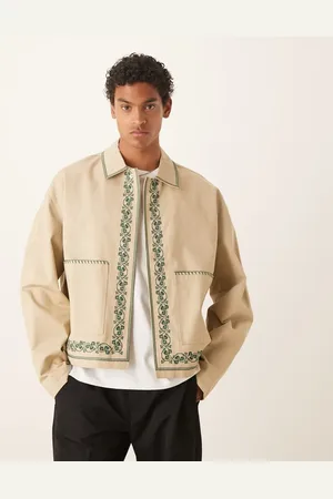 ASOS – Bestickte Harrington-Jacke in Steinbeige