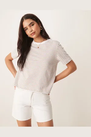 SELECTED Femme – T-Shirt in Weiß und Greige gestreift