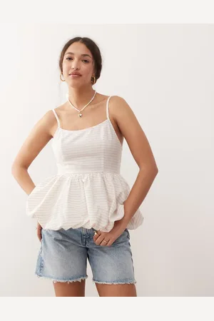 Miss Selfridge – Korsett-Oberteil mit beige Streifen und Ballonsaum