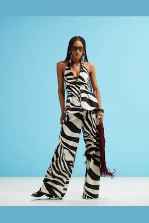 MANGO – Leinenmix-Hose in Weiß mit Zebramuster und weitem Bein, Kombiteil