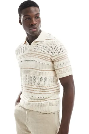 Only & Sons – Grobmaschiges Relaxed Fit Polohemd in Beige mit Streifen