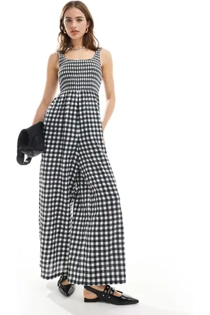 ASOS – Jumpsuit mit Vichykaromuster in Schwarz-Weiß, U-Boot-Ausschnitt und weitem Bein