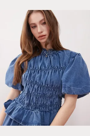 Reclaimed – Oberteil in blauer Denim-Waschung mit Puffärmeln und gerafftem Detail, Kombiteil