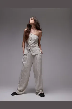 Topshop – Gestreifte Leinenhose in Cremeweiß mit weitem Bein, Kombiteil