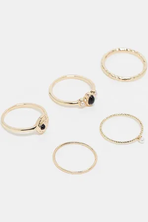 ASOS ASOS DESIGN Curve – 5er-Pack goldfarbene Ringe mit schwarzem Stein und Kunstperlen-Design