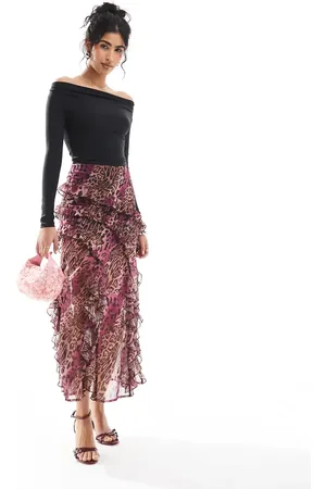 Miss Selfridge – Gestufter Midirock mit Rüschen und Leopardenmuster