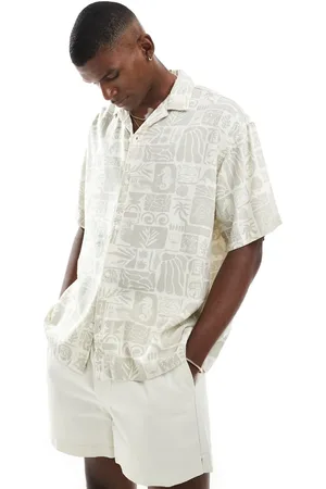 JACK & JONES – Kurzärmliges Leinenhemd in Beige mit Sealife-Print und Reverskragen