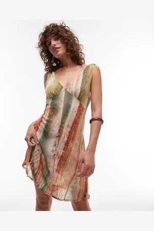 Topshop – Schwingendes Minikleid aus Netzstoff mit Knitterstruktur, buntem Print und V-Ausschnitt