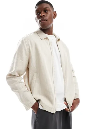 New Look – Gestreifte Harrington-Jacke in Steinbeige aus Leinenmix