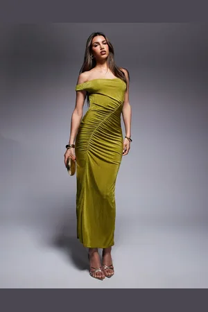 ASOS – Midikleid in mit überschnittenen Schultern und Raffung