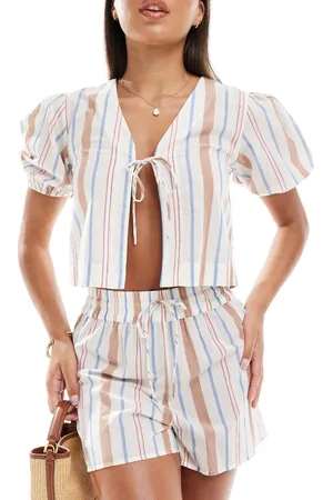ASOS – Carrie – Strandoberteil aus Baumwolle mit bunten Streifen und Bindedetail vorne, Kombiteil