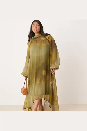 ASOS ASOS DESIGN Curve – Maxi-Hängerkleid mit gebundenem Ausschnitt, nach hinten abfallendem Saum und verschwommenem Oversize-Blumenmuster
