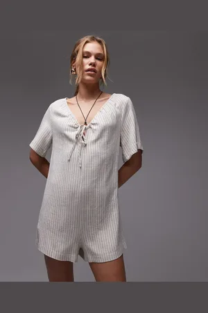 Topshop – Playsuit in naturfarbenen Streifen mit Bindedetails vorne