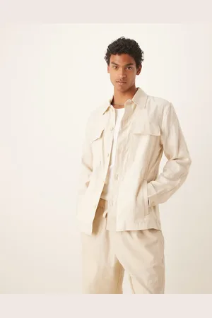 MANGO – Hemdjacke aus Leinen in Hellbeige