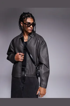 ASOS – Kastige Harrington-Jacke aus Kunstleder in gewaschenem mit Oversize-Passform