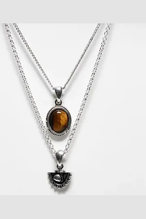 Reclaimed – Zweireihige Unisex-Halskette in Silberoptik mit braunem Stein