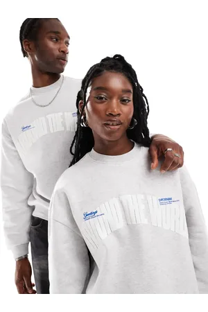 Dr Denim Dr. Denim – Kenan – Locker geschnittenes, schweres Unisex-Sweatshirt in meliertem Hellgrau mit „Around the World“-Stickerei